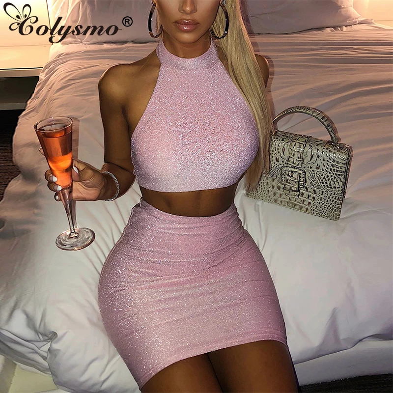 

Colysmo Shiny Sexy 2 Piece Set Women Double Layers Stretch Two Piece Set Halter Backless Crop Top Mini Skirt Set Clothes Outfits