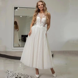 Eightree Sexy Wedding Dresses Sleeveless Tulle Princess Bride Dress Appliques A-Line Tea Length Wedding Evening Gowns Plus Size