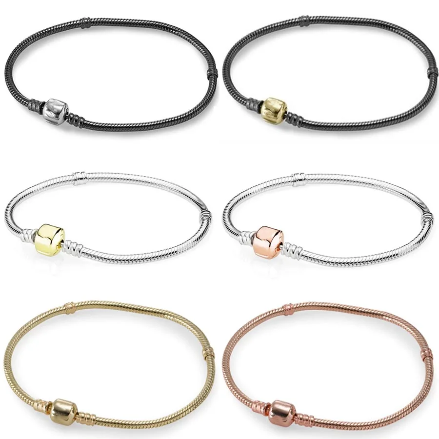 Розовое золото, блестящая окисленная цепочка в виде змеи, омаровый баррель, Пряжка для браслета на запястье, подходит для бусины из стерлингового серебра 925, шарм, Европа, сделай сам, ювелирное изделие