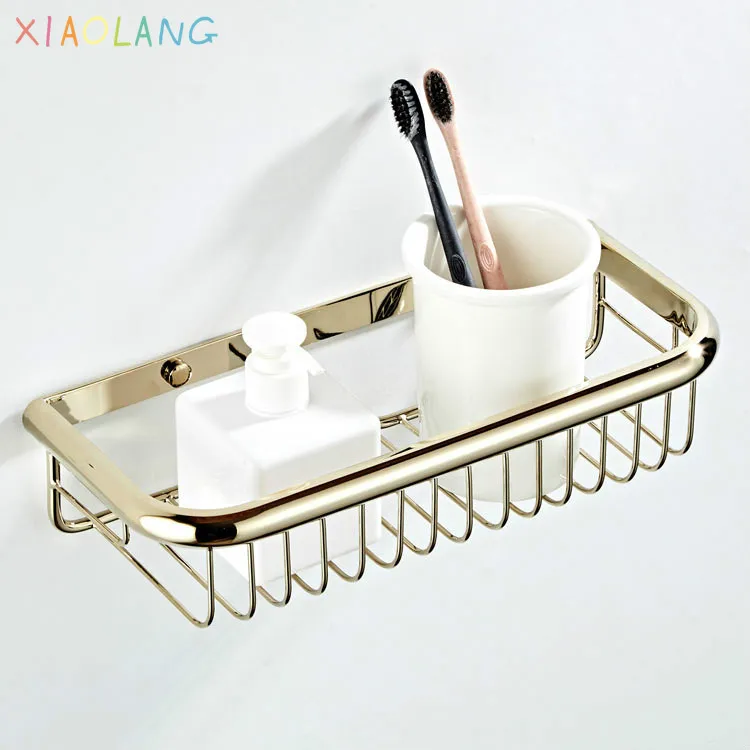 

XIAOLANG 30cm European Style All Copper Bathroom Hanger Basket Rectangular Zirconium Gold Single Layer Basket Rack
