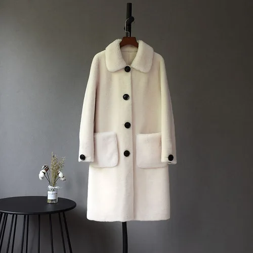 OFTBUY длинная парка зимняя куртка Женское пальто из натурального меха тканая шерсть плюшевый флис медведь плюшевая верхняя одежда Повседневный карман - Цвет: Белый