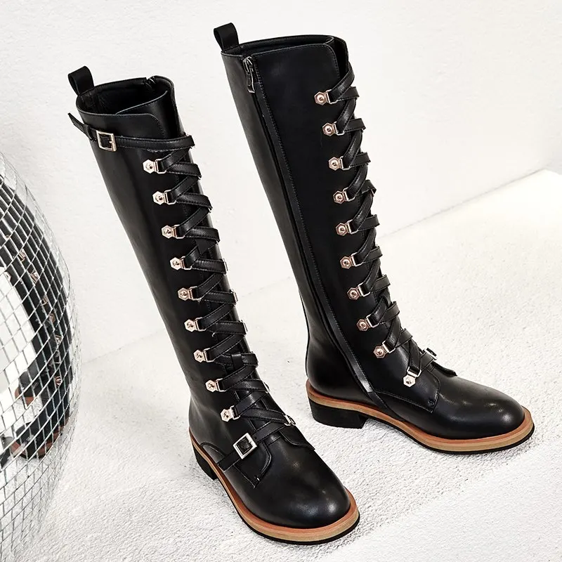 ASUMER new Genuine leather boots buckle punk women's motorcycle boots lace up autumn winter combat knee high boots women