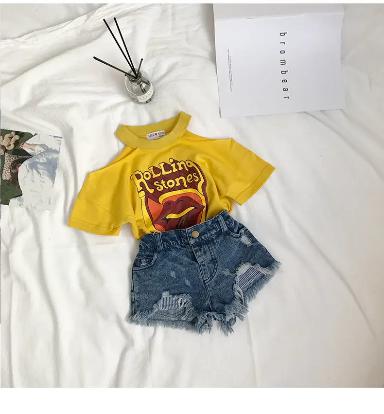 

Girls Suit New Strapless Short-sleeved T-shirt Girls Baby Fashion Denim Shorts Summer Two-piece Suit Children's Clothes Suit