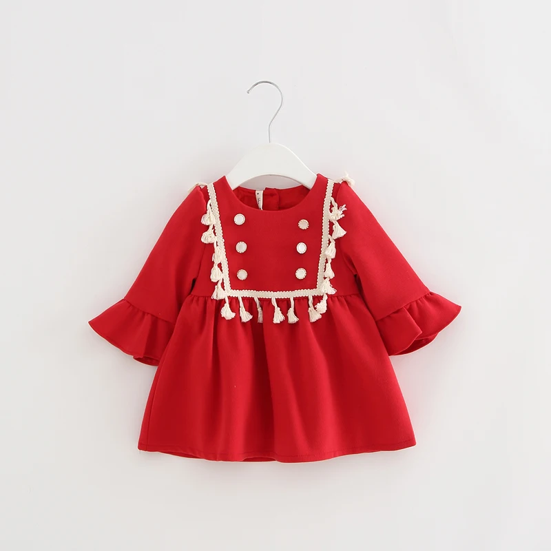 

Girls Dresses Flare Sleeve Tassel Princess Party Dresses for Children Kids Party Clothing with Buttons 4 Color 0-2Y