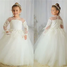 Тюль белого цвета оттенка слоновой кости с длинным рукавом цветок девушка платье для свадьбы чистой шеи кружева перо дети Первое причастие платье вечерние платья