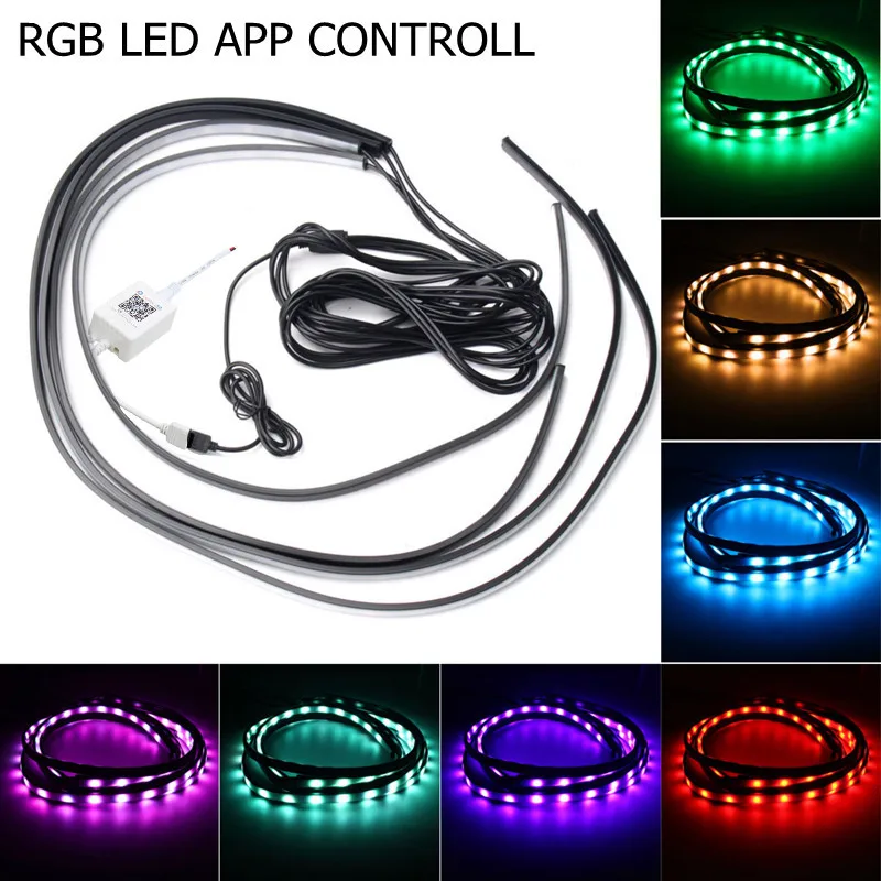 4 шт. RGB Автомобильная гибкая светодиодная лента декоративная атмосферная лампа Контроль приложения под трубкой подсвечивающая днище Система неоновый светильник комплект