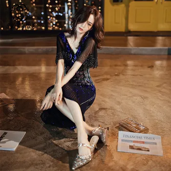 

Skyyue Shining Sequin Women Party Dresses FR405 Royal Blue Mermaid Evening Gowns V-Neck Elegant Dress Short Sleeve Vestidos 2020