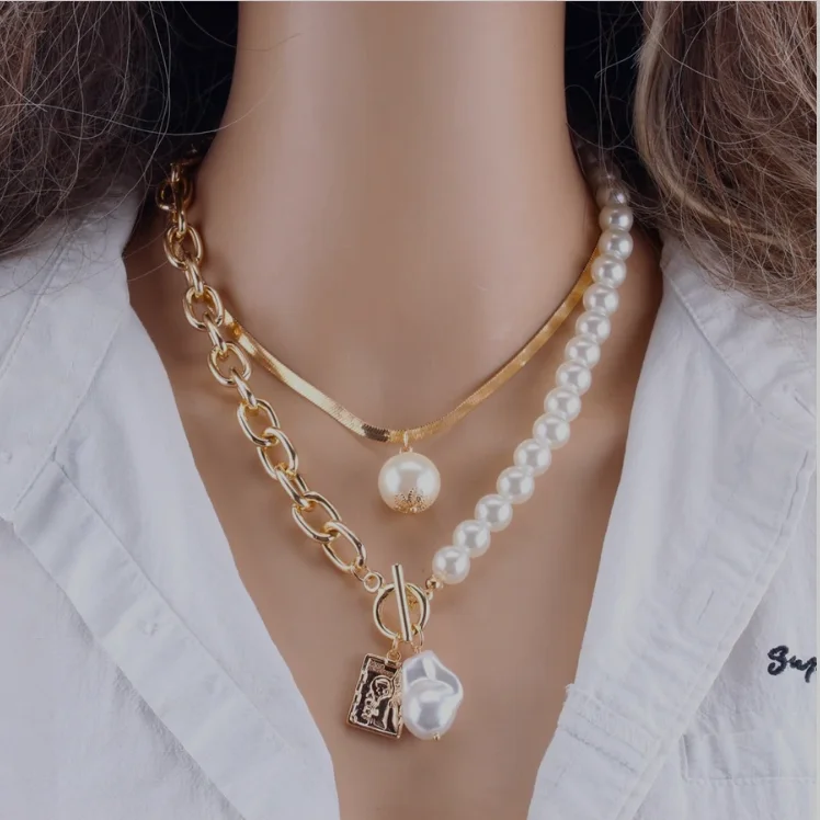 YLWHJJ Brand Fashion 2 Layers Pearls Geometric Pendants Necklaces For Women Gold Metal Snake Chain Necklace Design Jewelry | Украшения и