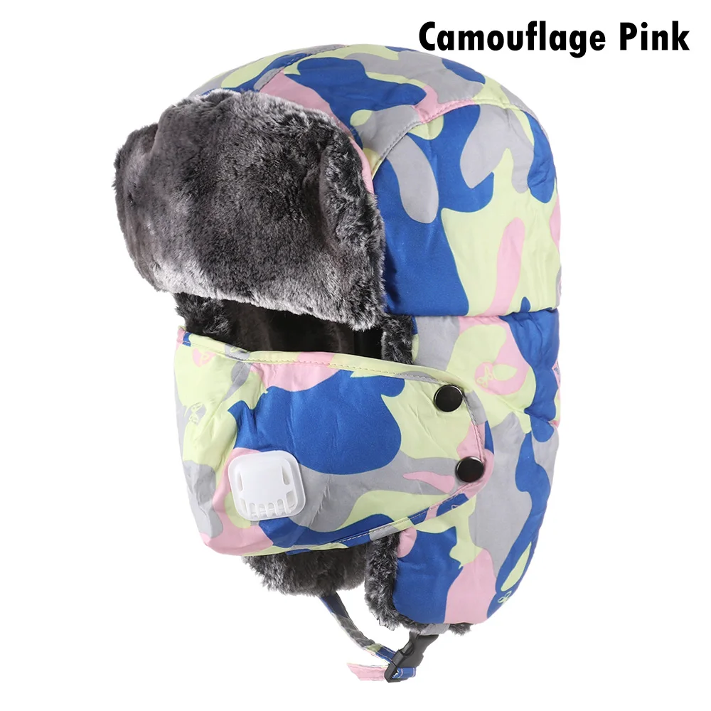 camouflage pink Мужская и женская модная шапка-бомбер унисекс, теплая шапка-ушанка, зимняя Лыжная шапка, толстая Балаклава, хлопковая меховая шапка-ушанка, теплые шапки - Цвет: camouflage pink