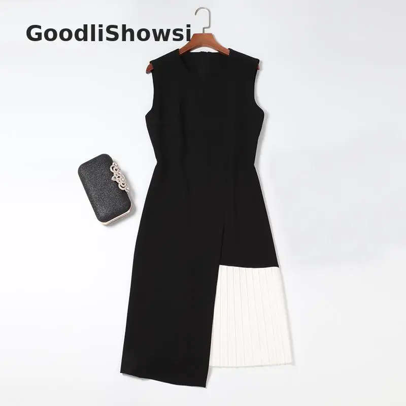 GoodliShowsi Новое поступление простое женское платье-жилет контрастного цвета Плиссированное лоскутное платье с круглым вырезом без рукавов асимметричное платье - Цвет: Черный