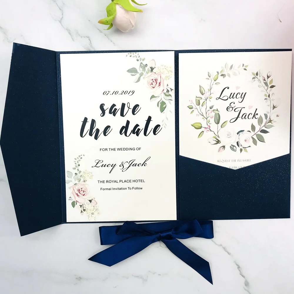 1x Wedding Invitation Cards Sage Olive Green Burgundy Navy Blue Gray Ivory Tri fold Glitter Laser Cut pocketfold invite Envelope