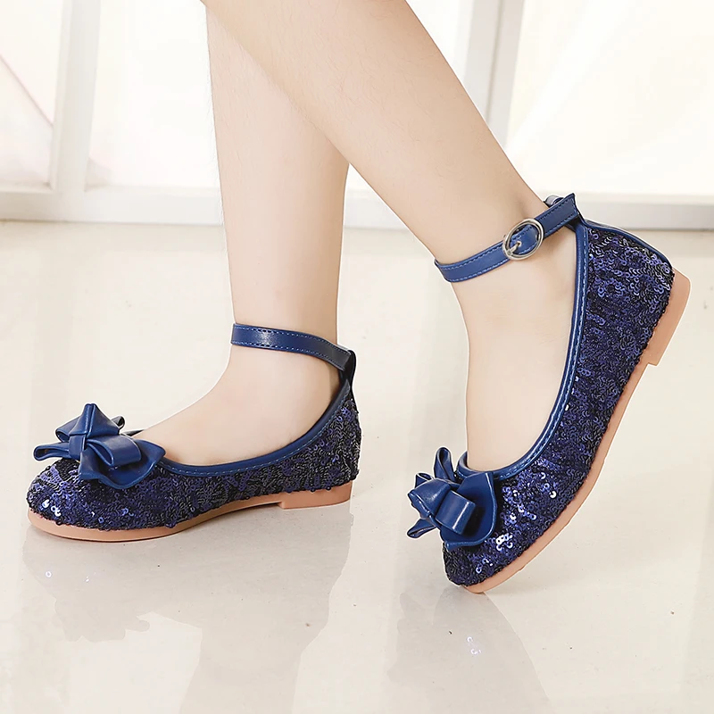 Girls Leather Shoes Pure Color Spring New Cute Bowtie Sequins Princess Shoes Kids Girls Baby Single Sneakers Party Shoes STX004