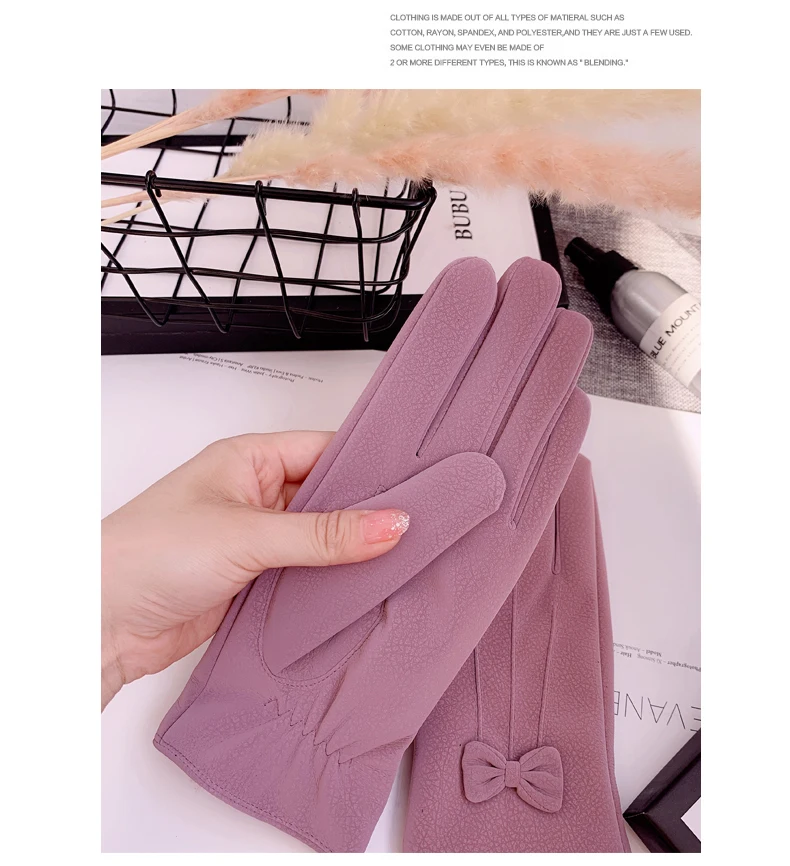 Leather gloves female winter plus velvet thick warm cute student riding driving windproof waterproof touch screen gloves