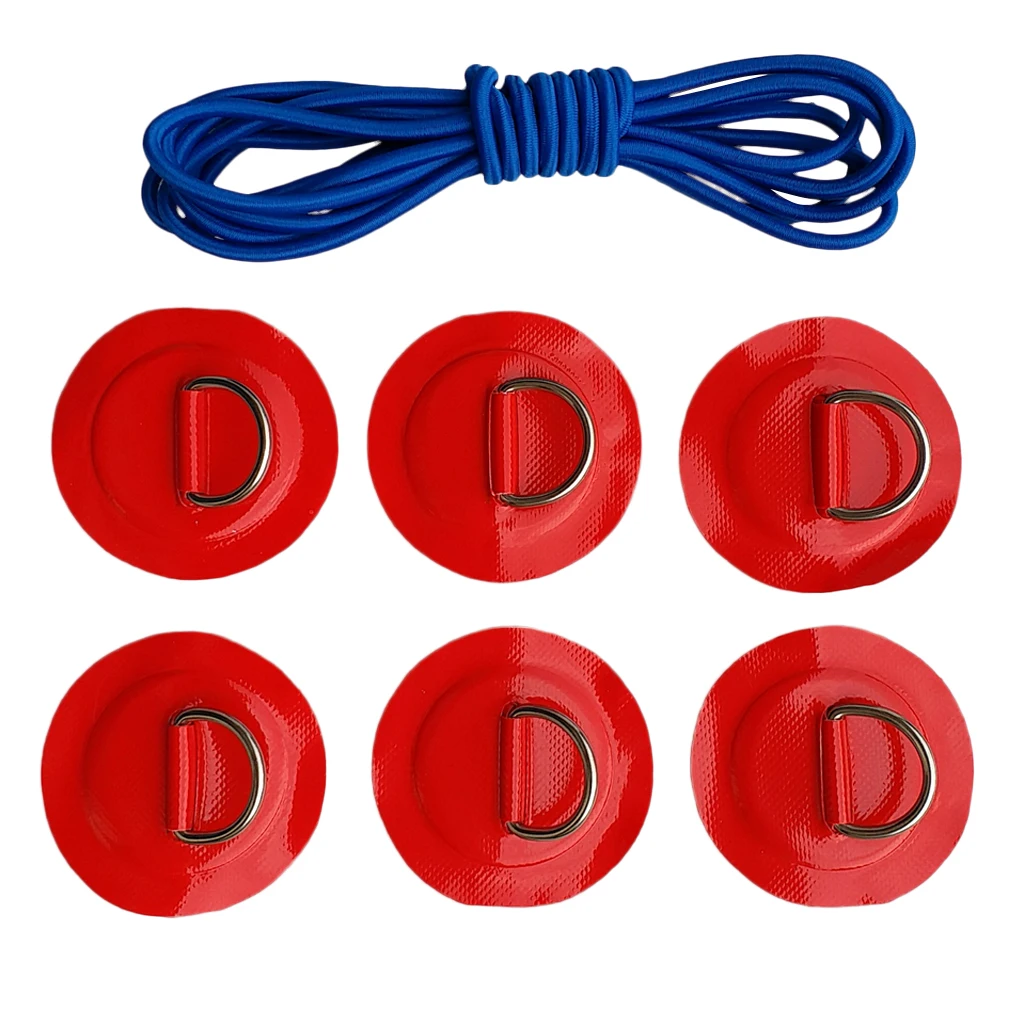 6Pcs Inflatable Boat Kayak SUP D-ring Patch & Elastic Shock Cord Set- 6 Colors Dinghy D Ring Round Patch