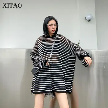 

XITAO Korean Style Plus Size Loose T Shirt Fashion Thin Knitted Women Tops Simple Stripes Perspective Sunscreen Tshirt DMY4673