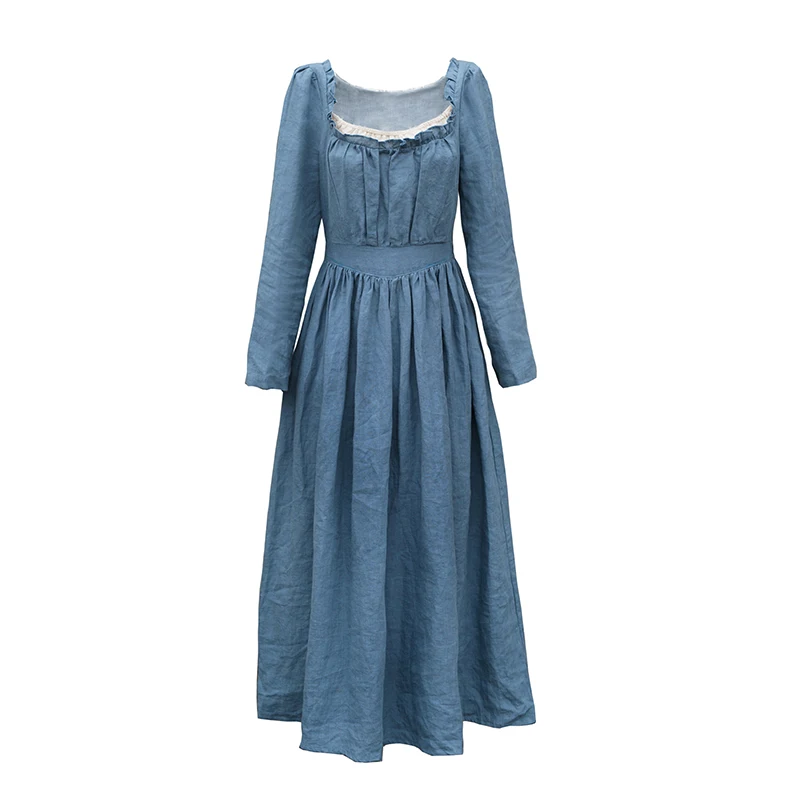 Spring Autumn Women 100%Linen Coffee Long Dress