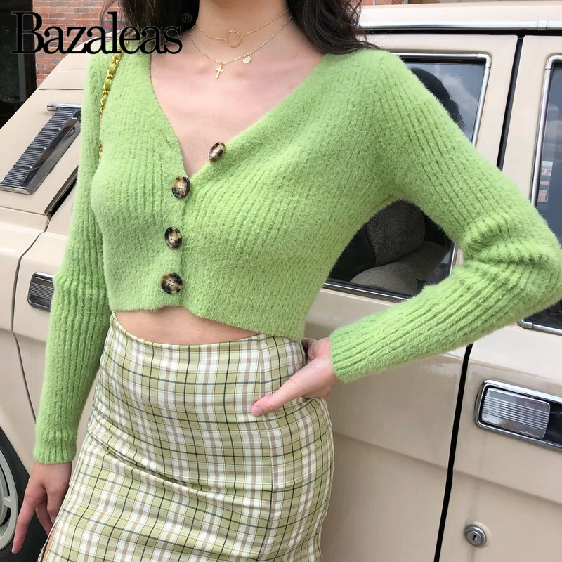 Bazaleas Fashion V Neck pull femme Sweaters Slim Long Sleeve Cropped Women Sweater Vintage knitted Cardigan Dropshipping |
