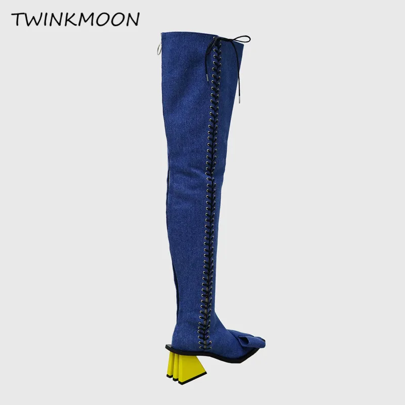 

Jean Lace Up Thigh High Boots Celebrity Blue Strange Heel Knot Demin Over The Knee Boots Cross Tie Runway Woman Shoes