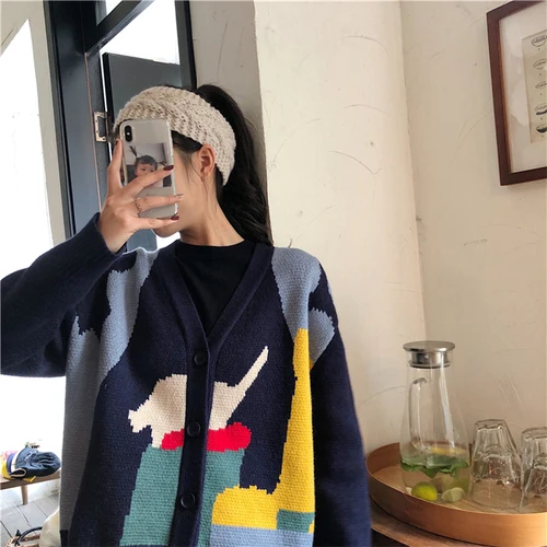 Thin Casual Loose Cartoon Pattern V-neck Hit Hot Sale New Arrival 2019 Fashion Basic Logn Sleeve Sweaters |