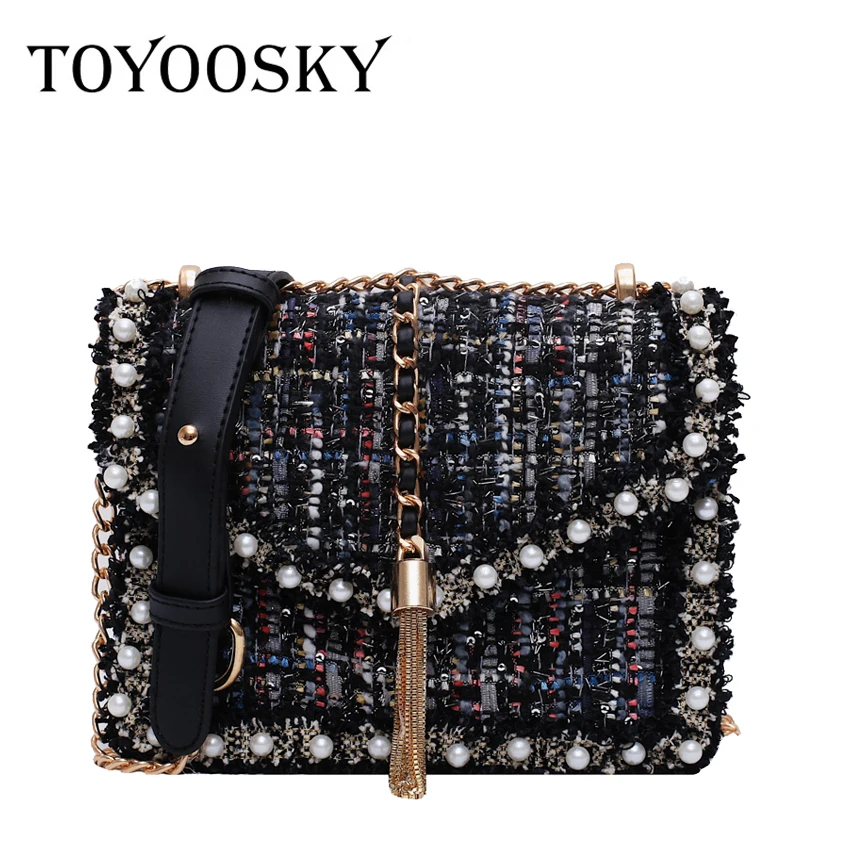 

TOYOOSKY 2019 Fashion Wool Women Handbag Tassel Plaid Messenger Bag Vintage Ladies Flap High Quality Chain Shoulder Bag