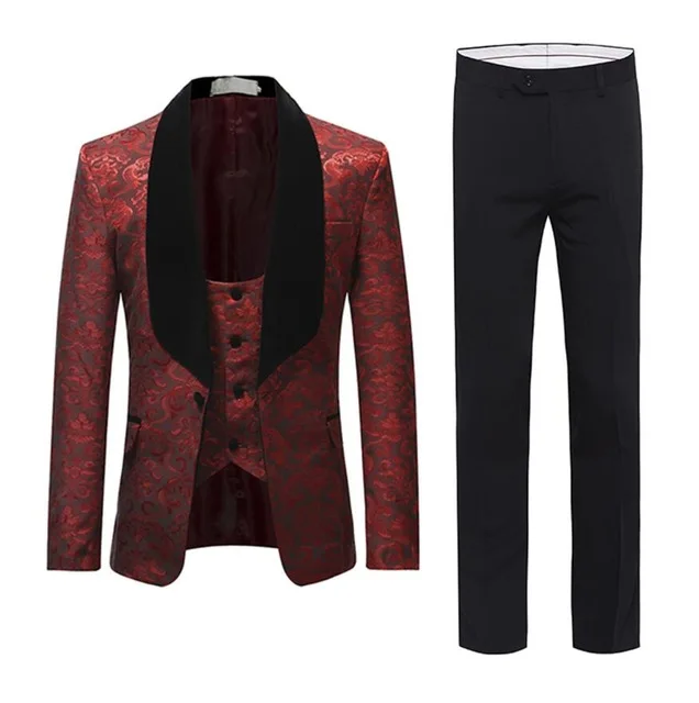 burgundy Бордовый красный костюм для мужчин Slim Fit шаль воротник мужские свадебные костюмы модные жаккардовые 3 шт костюмы для выпускного вечера - Цвет: burgundy