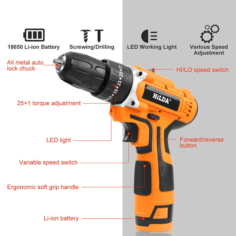 

w/ 18650 Li-ion battery Electric Impact drill Electric Screwdriver 25+1 Torque Power Tools 2-Speed Cordless Impact drill Drill