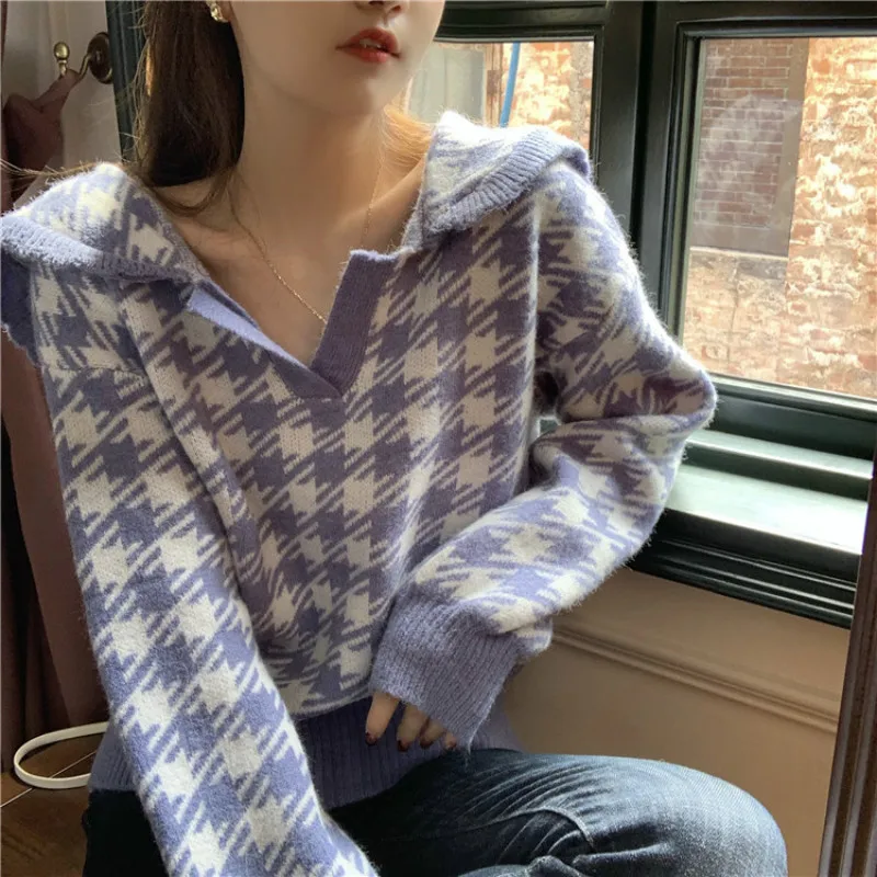 

Women's Houndstooth Thick Short Sweater, Full Sleeve Knitted Pullovers, Casual Jumpers, Turn-down Collar, Autumn, 2023