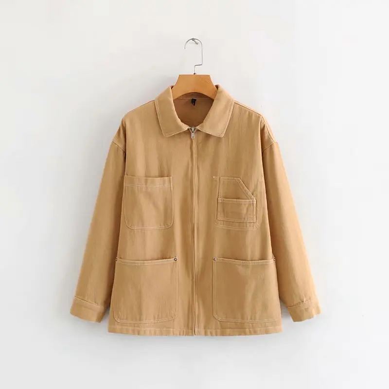 

Retro Pockets Canvas Jacket Zipper Autumn Casual Long Sleeve Female Tooling Jacket Coats Outwear Ladies Windbreaker Clothes