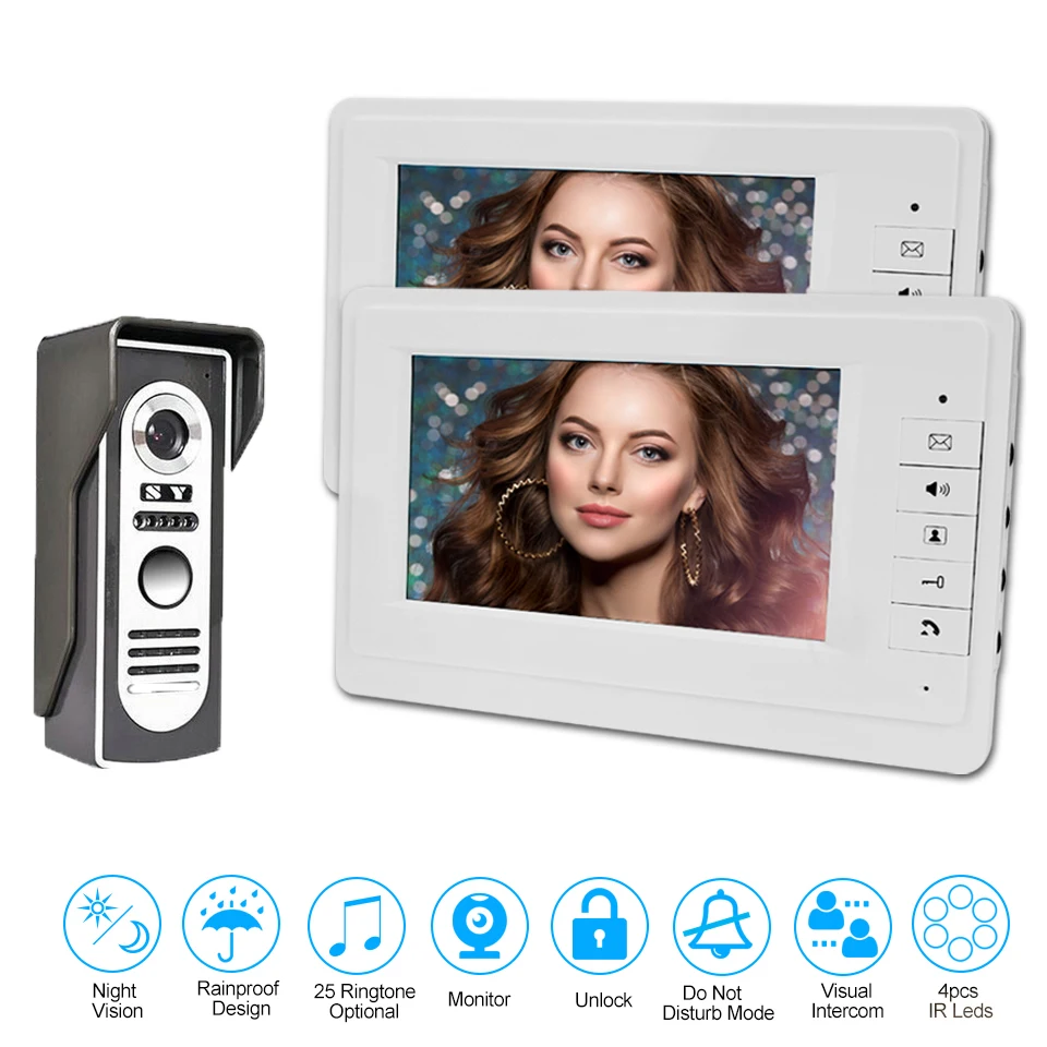 

IP Video Doorbell Intercom with 7'' TFT Door Phone System 2x Montior and 1x Wired Doorbell Camera, Night Vision Home Intercom