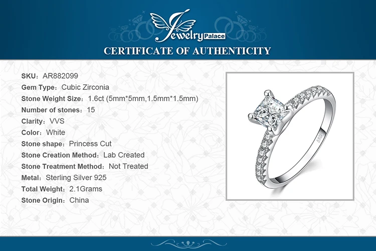 JPalace 1.6ct принцесса срезанное обручальное кольцо 925 пробы серебряные кольца для женское кольцо на юбилей свадебное кольца из серебра 925 пробы, ювелирные изделия