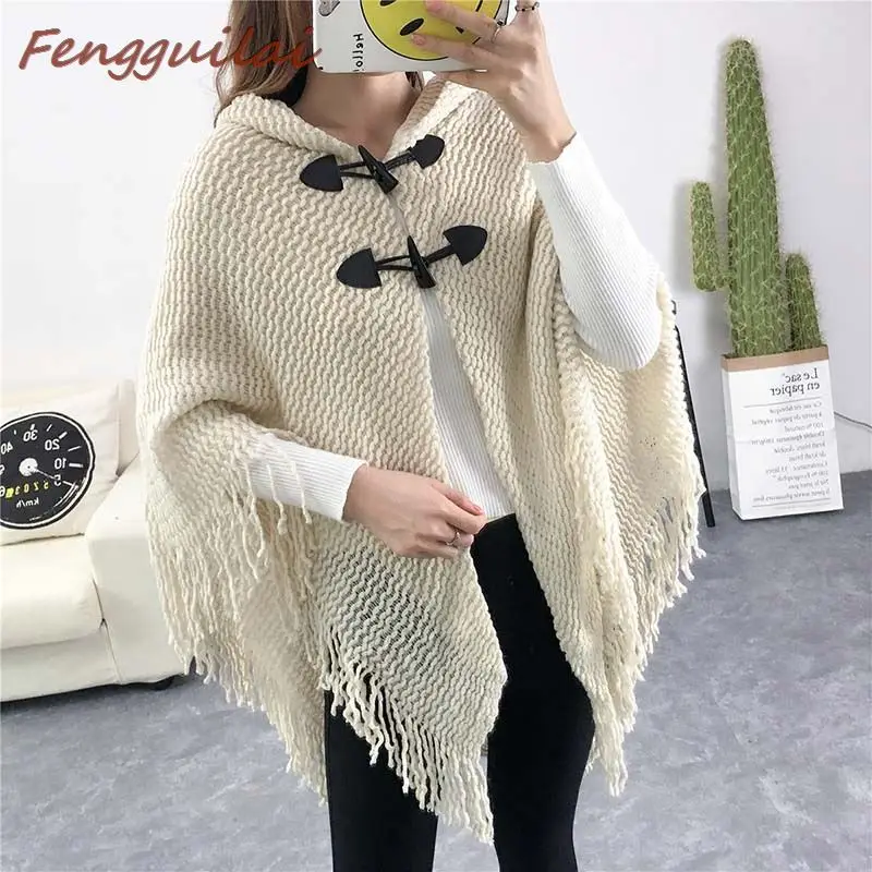 Retro Women Sweaters Tassel Sweater Coat Cloak Loose Knitted Shawl Cardigan Ladies Irregular Sweaters Autumn Winter Tops