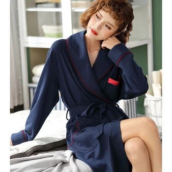 

Navy Blue Cotton Robe Women Kimono Bathrobe Gown Casual Nightdress Autumn New Nightwear Sleepwear Soft Nightgown 2020 Negligee