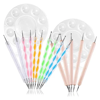 

15Pcs Dotting Tools+2Pcs Round Palettes Dot Pen Tool Painting Tray Kits for Pottery Clay Modeling Embossing Nail Art