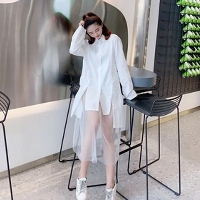 2020 Spring Summer Asymmetry Blouse Dress Women Korean Plus Size Mesh Stitching Split Long Sleeves Shirt Dresses Cardigan Female