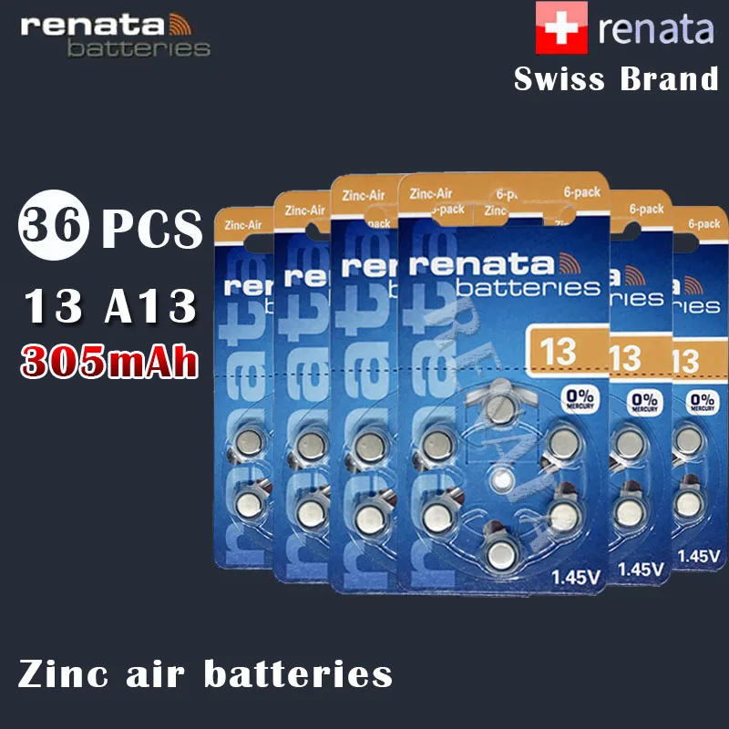 36 шт. цинковые воздушные аккумуляторы Renata 13 1 45 в 305 мАч A13 P13 PR48 S13 для слуховых