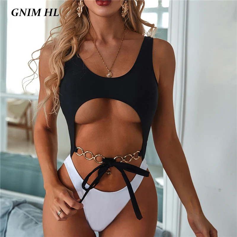 

GNIM Sexy Hollow Out Bikini Swimwear Women Push Up 2020 Stitching Color Bathing Suit Women One Piece Brazilian Swimsuit Biquinis