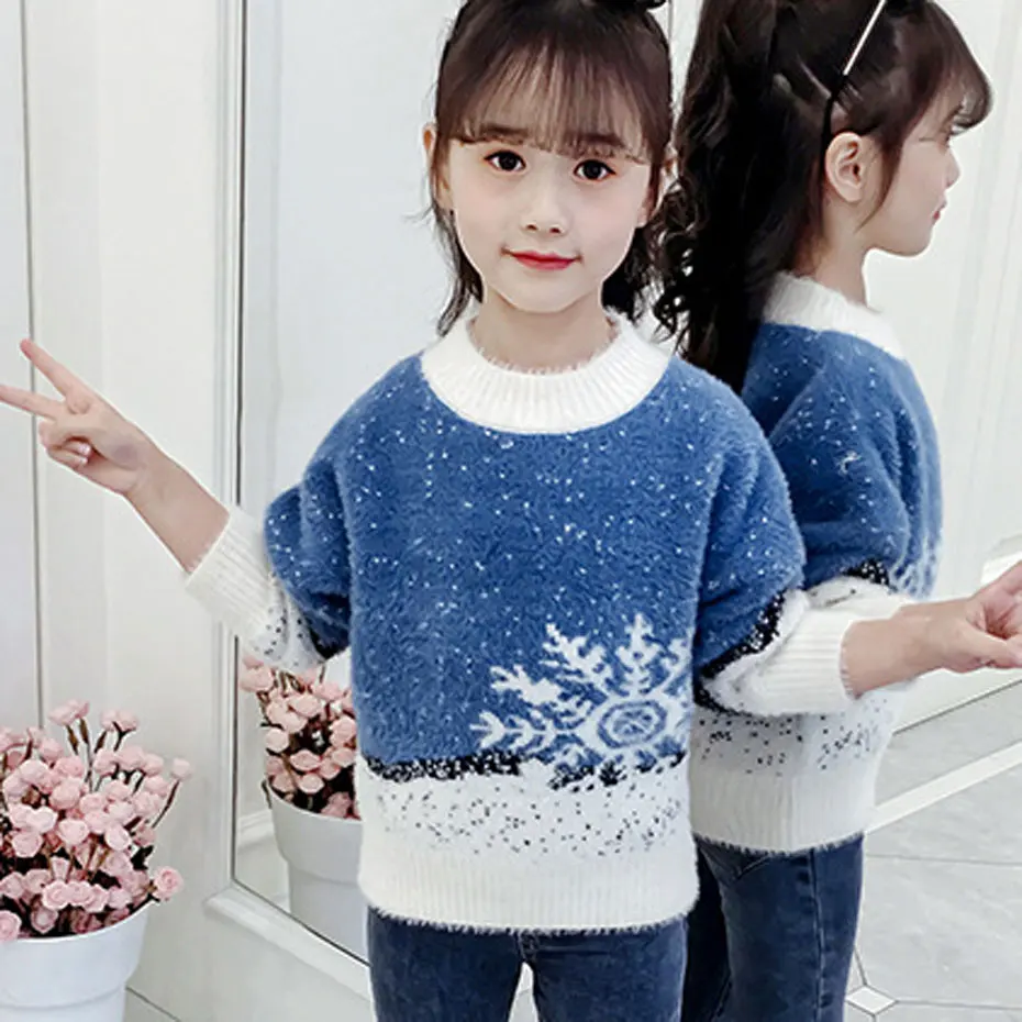 

Girls Sweaters Patchwork Children's Sweaters Cartoon Knitted Girl Jumper Autumn Winter Warm Child's Clothing For Girls New Year
