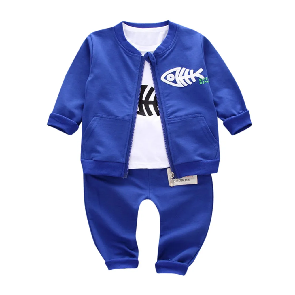 Blue Детская одежда из 3 предметов для малышей осенне-зимний спортивный костюм с рисунком рыбки для маленьких мальчиков и девочек Футболка и штаны, комплект одежды, Roupa Menina, Топ - Цвет: Blue