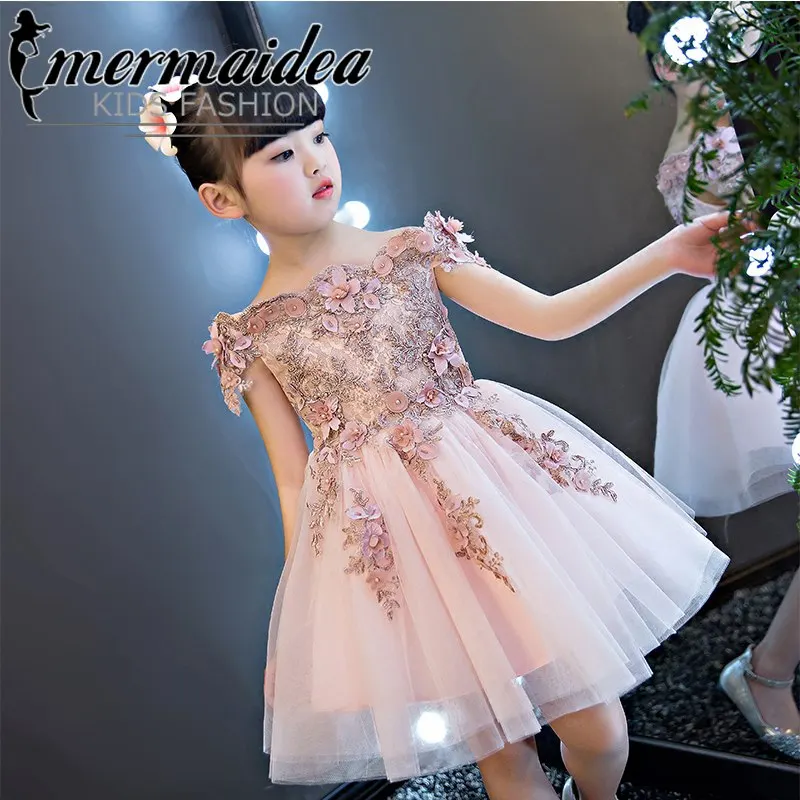 

Hot-sales High Quality Children Girls Sweet Princess Dress Luxury Elegant Girls Shoulderless Birthday Summer Party Dress Gift