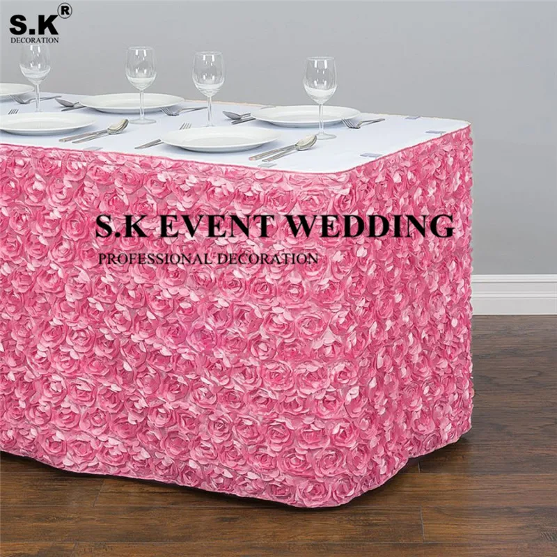 Rosette Satin Table Skirt Rectangle Tablecloth Skirting For Wedding Banquet Event Christmas Decoration