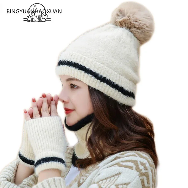 

Autumn Winter Hat Gloves Set Knitted Fur Pompons Ear Cap Ladies Knitted Fur Hat and Gloves Female Winter Accessories