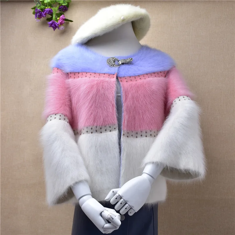 Body54cm chest86cm Женский милый зимний короткий свитер с пуговицами, расклешенный рукав, круглый вырез, норковая шуба, чистый Ангорский кроличий мех, вязаная куртка - Цвет: Body54cm chest86cm