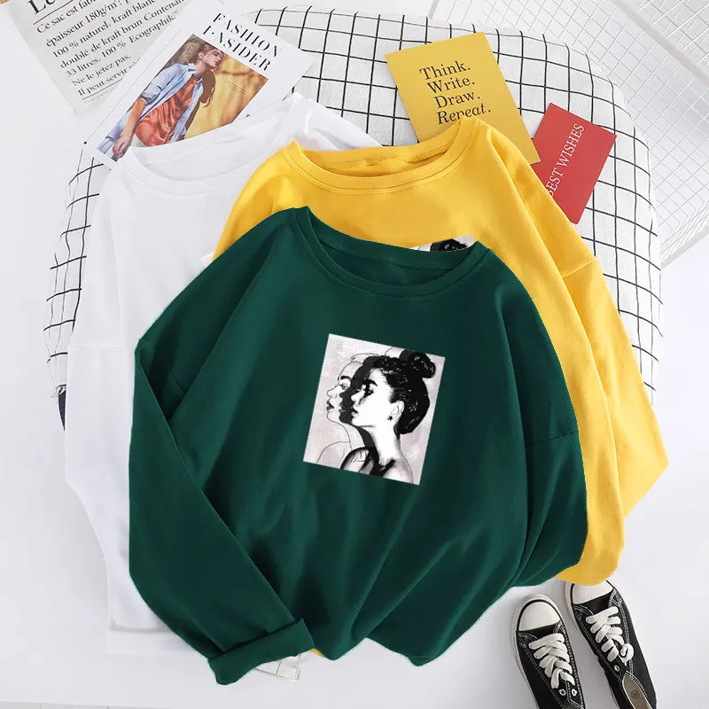 Корейский стиль одежды Женская Футболка Harajuku Friends Graphic Tee Женский, с длинным рукавом Осень Плюс Размер Женская одежда хлопок