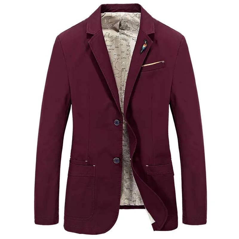 Wine Red 002 Модный пиджак для мужчин, хлопковый джинсовый костюм, блейзер с вышивкой, брошь в виде птицы, можно разбирать, мужская одежда размера плюс 4XL - Цвет: Wine Red 002