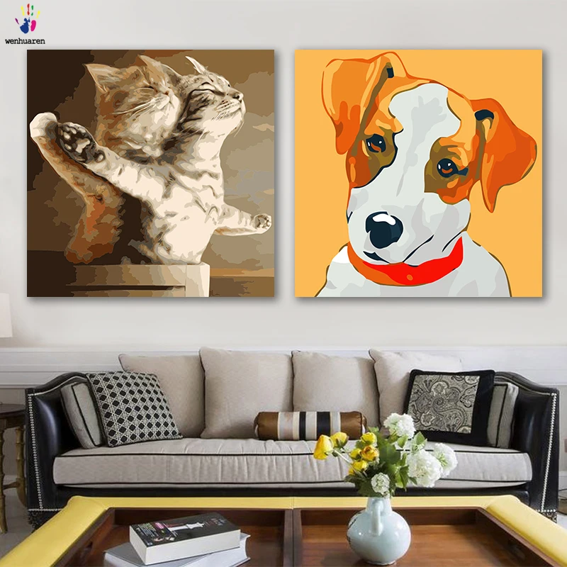 DIY картинки для раскраски по номерам с цветами кошка собака иллюстрация Картина