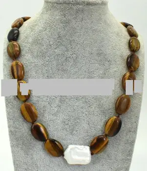 

Pretty 13x18mm Yellow Oval Tiger's-Eye & 15-20mm White Baroque Pearl Necklace