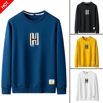 

Autumn Men's Sweatshirts Printed Patch Designs Men's Sweatshirts O-Neck Black Blue White Yellow Long Sleeve Pullover