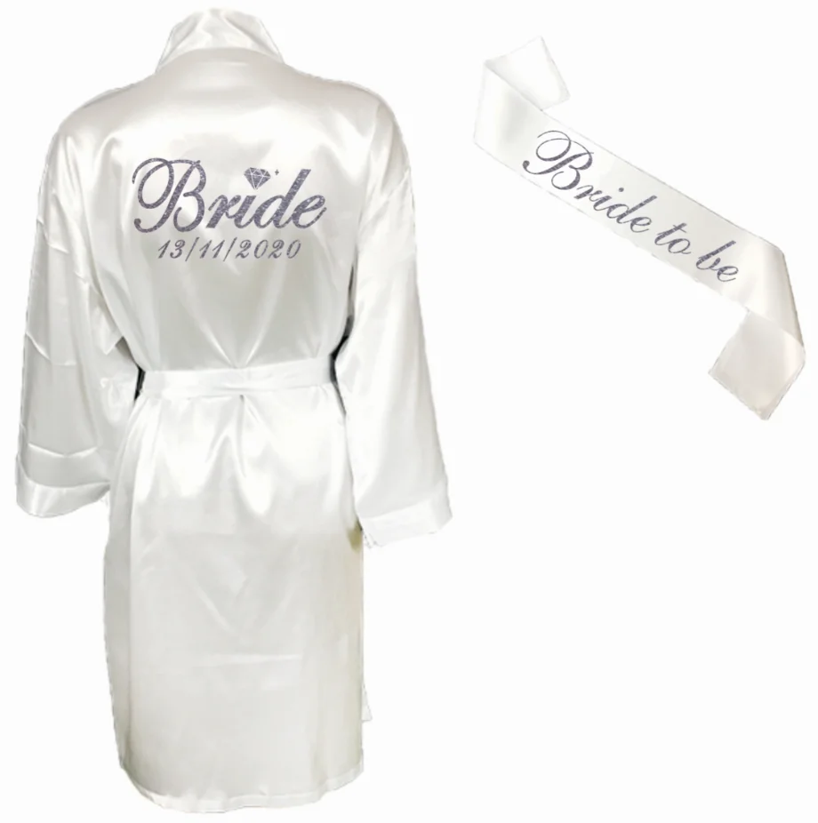 silver robe and sash PARARTDIY комплект из 3 предметов для невесты; атласный короткий халат; тапочки для невесты; пеньюар для невесты; femme; вечерние туфли для невесты; коллекция года; подарки для невесты - Цвет: silver robe and sash
