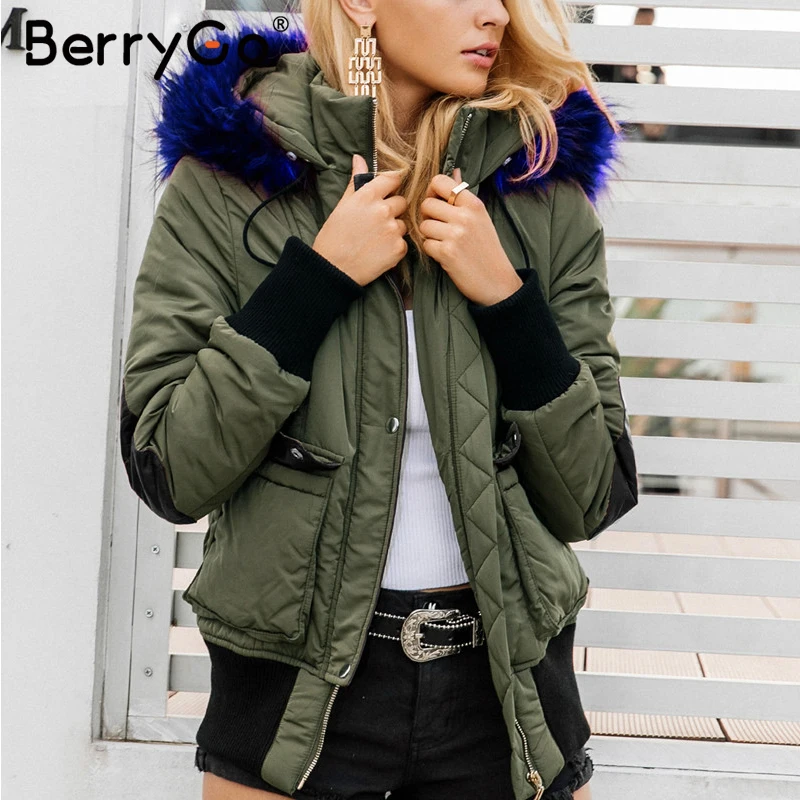BerryGo с капюшоном, меховая стеганая парка, зимняя куртка, Женское пальто, теплое, с карманами, на молнии, пальто, толстая, зимняя одежда, куртка, пальто для женщин