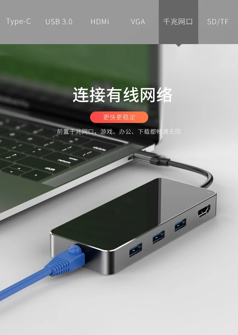 Преимущества: док-станция type-C HDMI+ SD+ TF+ type-C+ Usb3. 0+ VGA гигабитный Кабель сетевой карты Seperater